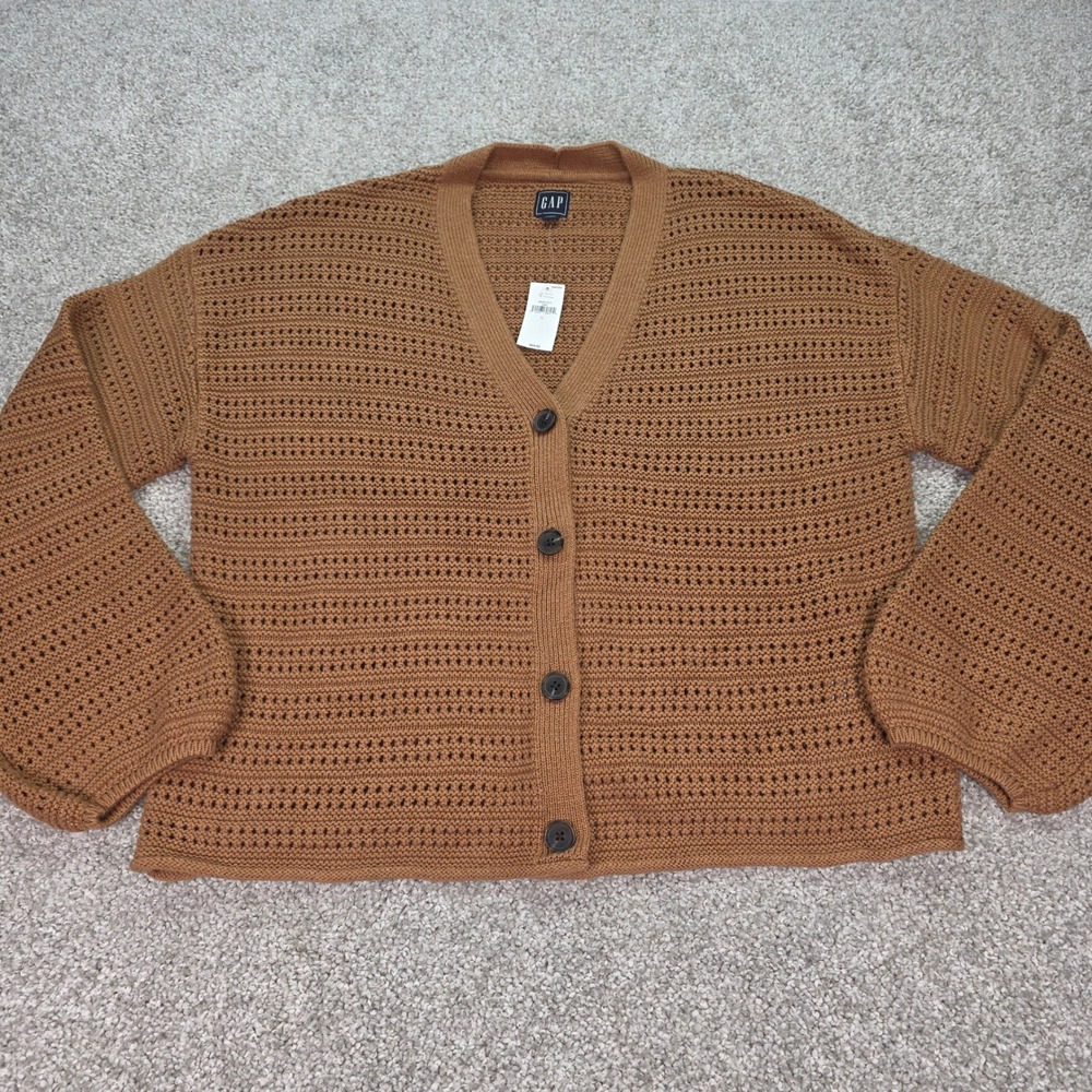 Gap Womens Brown Open Knit Cotton Cardigan Sweater Balloon Sleeve Size L NWT